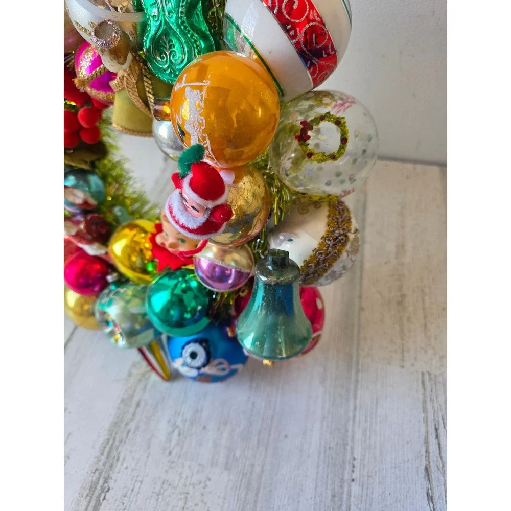Antique vintage glass ornament wreath pixie knee hugger Santa Xmas hanging decor